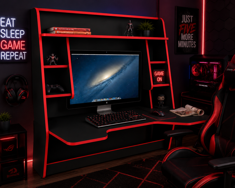 Навісний геймерський стіл ZEUS-Game IGROK-MAX у чорному та червоному кольорі
