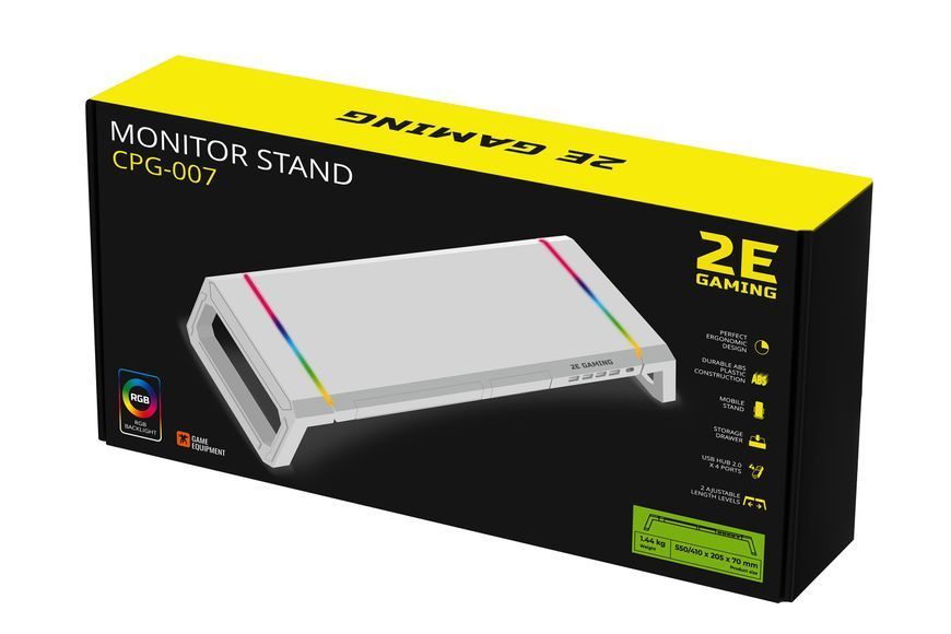 2E Gaming Підставка для монітора CPG-007, 550x205x7мм, phone holder/storage drawer, 4xUSB-A, RGB, білий 2E-CPG-007-WT фото