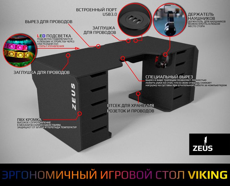 Cтіл ZEUS-Game™ Viking-4L, (1800x870/920 мм), чорний-білий Vi-4LB фото