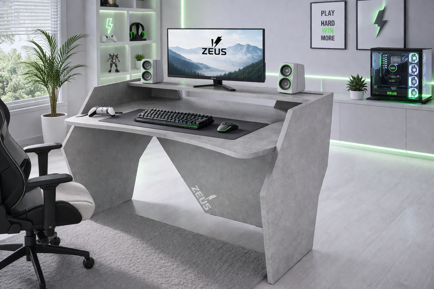 Геймерський стіл ZEUS-Game GROM-2 бетон-чорний в інтер'єрі
