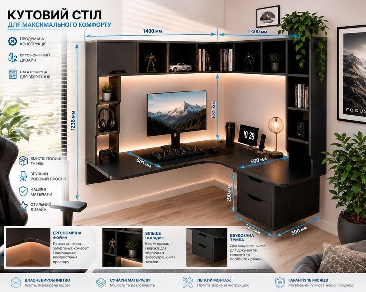 Геймерський стіл без ніжок ZEUS-Game LEVITATE 1400&times;1400 мм чорний LEV-2 фото