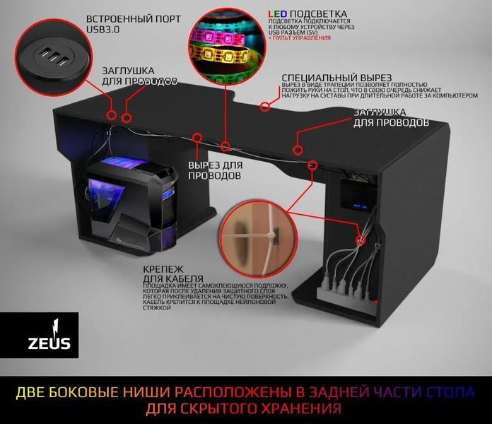 Геймерский стол ZEUS-Game Viking-1S черный-белый Vi-1S фото