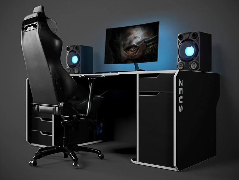 Ігровий стіл ZEUS-Game Viking-2S чорний-білий &mdash; сучасний gaming desk для ПК сетапу