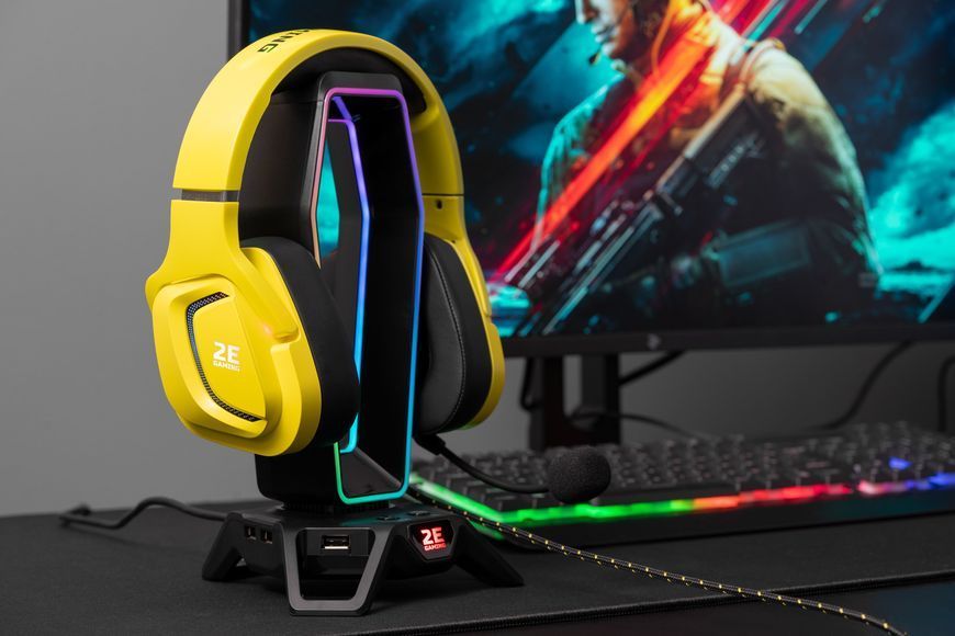 Гарнитура игровая 2E GAMING HG340, mini-jack/dual 3.5 мм, RGB, 2 м, жёлтая 2E-HG340YW фото