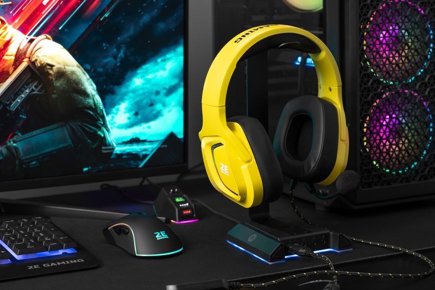 Гарнитура игровая 2E GAMING HG340, mini-jack/dual 3.5 мм, RGB, 2 м, жёлтая 2E-HG340YW фото