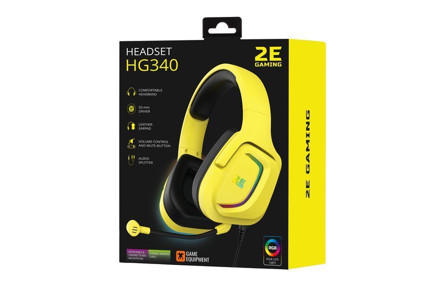 Гарнитура игровая 2E GAMING HG340, mini-jack/dual 3.5 мм, RGB, 2 м, жёлтая 2E-HG340YW фото