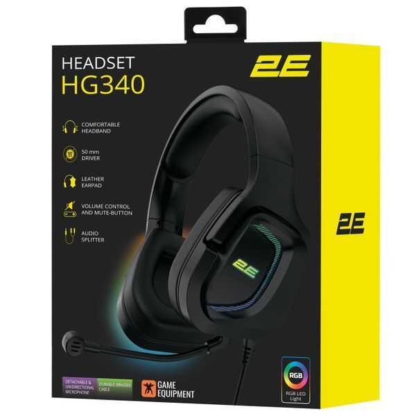 Гарнитура игровая 2E GAMING HG340, mini-jack/dual 3.5 мм, RGB, 2 м, чёрная 2E-HG340BK фото