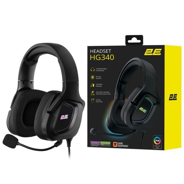 Гарнитура игровая 2E GAMING HG340, mini-jack/dual 3.5 мм, RGB, 2 м, чёрная 2E-HG340BK фото