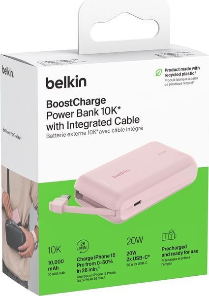 Акумулятор портативний літій-іонний Power Bank Belkin 10000мА&middot;год, 20Вт, з інтегрованим кабелем USB-C, рожевий BPB021HQPK фото