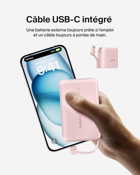 Акумулятор портативний літій-іонний Power Bank Belkin 10000мА&middot;год, 20Вт, з інтегрованим кабелем USB-C, рожевий BPB021HQPK фото