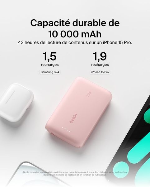 Акумулятор портативний літій-іонний Power Bank Belkin 10000мА&middot;год, 20Вт, з інтегрованим кабелем USB-C, рожевий BPB021HQPK фото