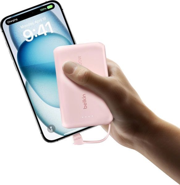 Акумулятор портативний літій-іонний Power Bank Belkin 10000мА&middot;год, 20Вт, з інтегрованим кабелем USB-C, рожевий BPB021HQPK фото