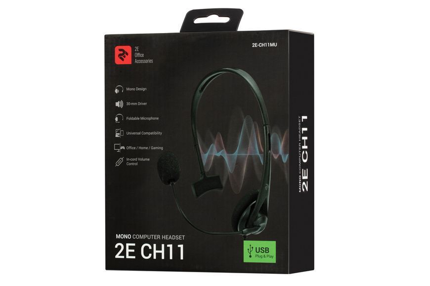 Гарнитура ПК моно On-ear 2E CH11 USB, omni-mic, 2 м, чёрная 2E-CH11MU фото