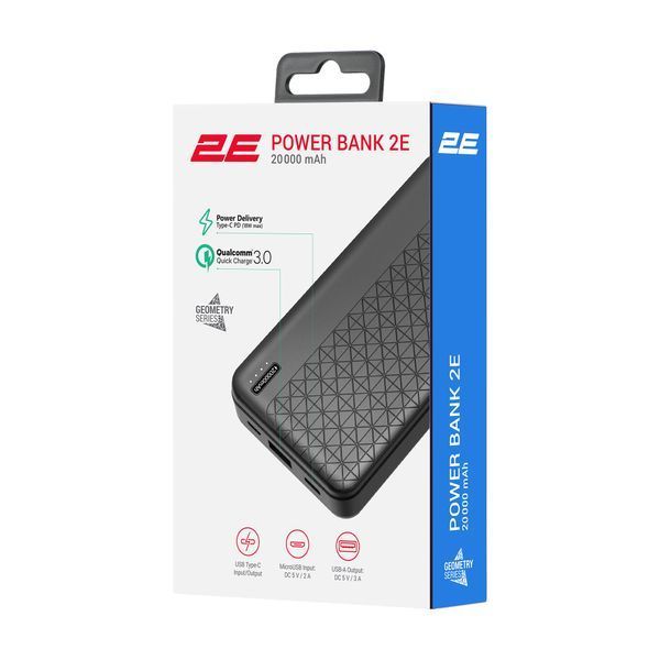 Акумулятор портативний літій-іонний Power Bank 2E Geometry 20000 мА&middot;год 18 Вт PD QC, чорний 2E-PB2072PD-BLACK фото
