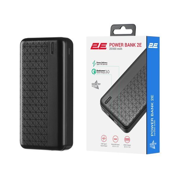 Акумулятор портативний літій-іонний Power Bank 2E Geometry 20000 мА&middot;год 18 Вт PD QC, чорний 2E-PB2072PD-BLACK фото