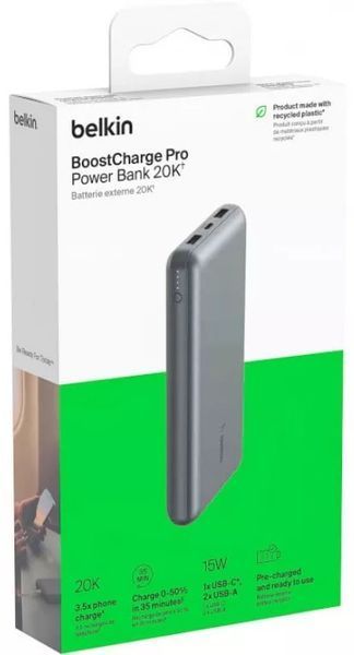 Акумулятор портативний літій-іонний Power Bank Belkin 20000 мА&middot;год 15 Вт 2&times;USB-A/USB-C, сірий BPB012BTGY фото