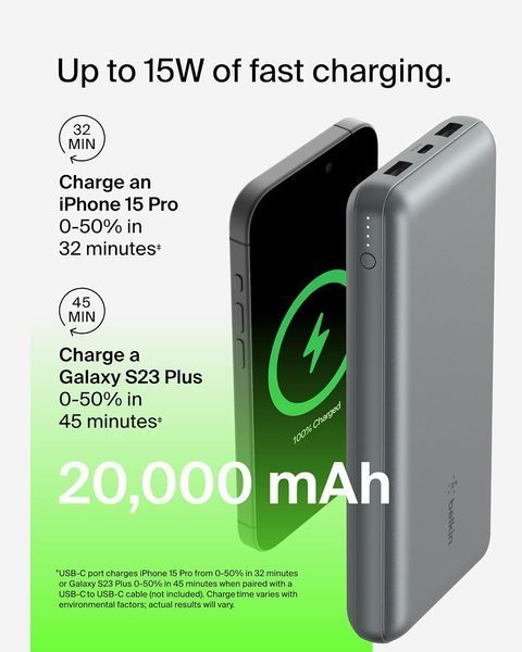 Акумулятор портативний літій-іонний Power Bank Belkin 20000 мА&middot;год 15 Вт 2&times;USB-A/USB-C, сірий BPB012BTGY фото