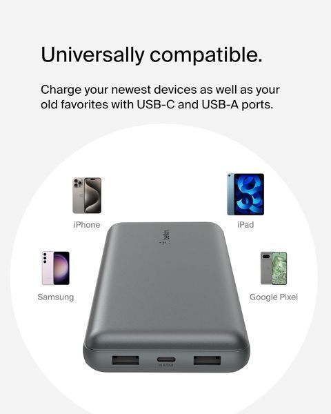 Акумулятор портативний літій-іонний Power Bank Belkin 20000 мА&middot;год 15 Вт 2&times;USB-A/USB-C, сірий BPB012BTGY фото