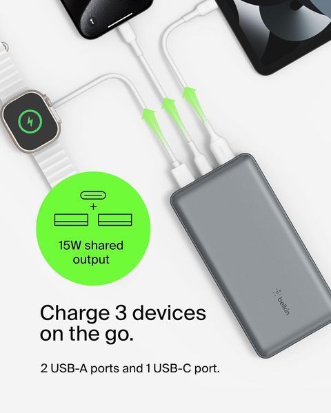 Акумулятор портативний літій-іонний Power Bank Belkin 20000 мА&middot;год 15 Вт 2&times;USB-A/USB-C, сірий BPB012BTGY фото