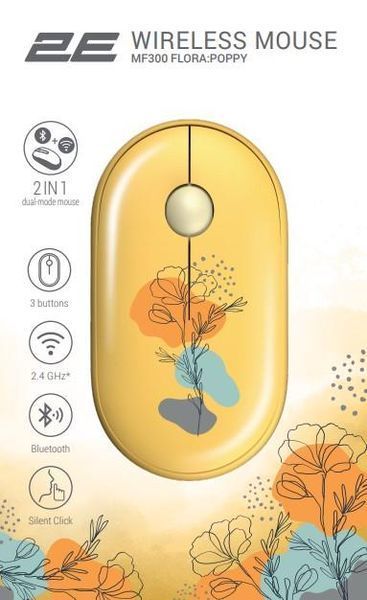 Миша 2E MF300 FLORA:POPPY Silent WL BT, жовтий 2E-MF300WFLORAYW фото
