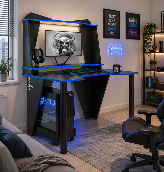Чорний геймерський стіл ZEUS-Game IVAR-2 1200 мм із синьою крайкою для ПК
