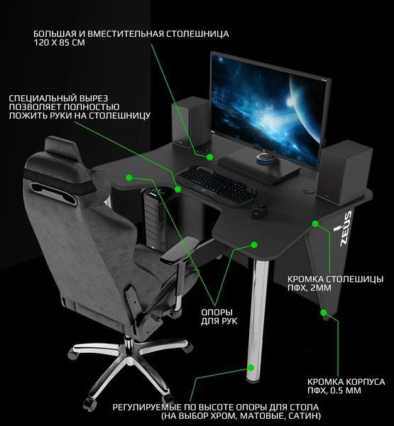 Геймерский стол ZEUS-Game IGROK-3L с подсветкой черный IG-3BLB фото